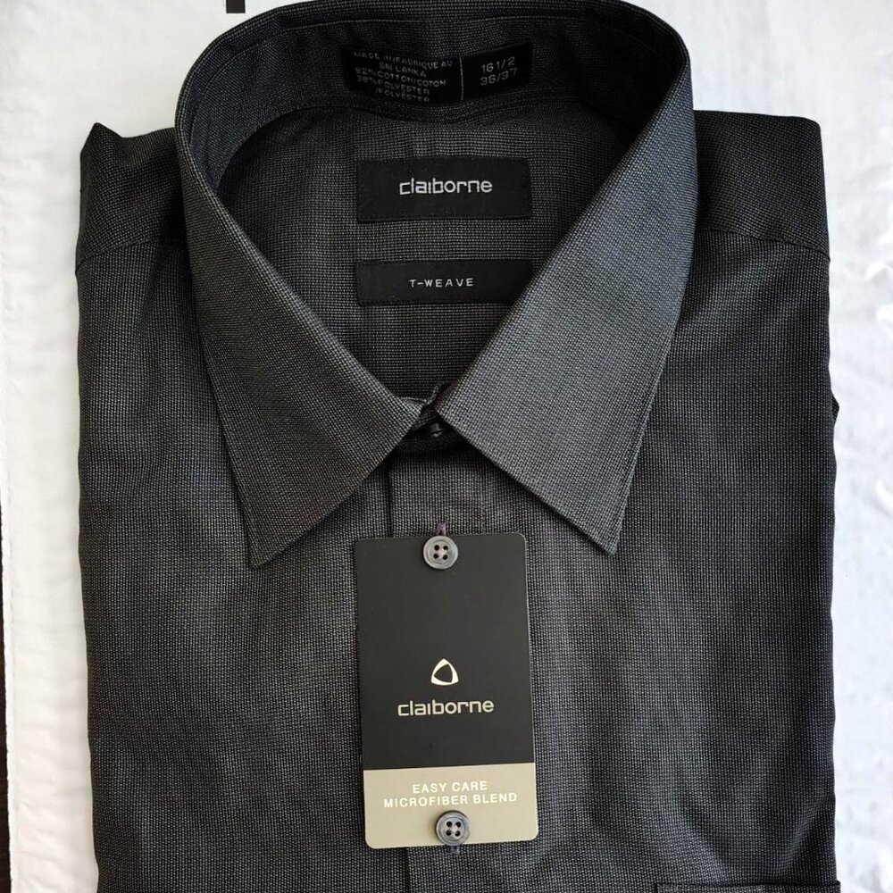 Men's Claiborne Easy-Care T-Weave Long-Sleeve Shirt, Black, 16-1/2, 36-37